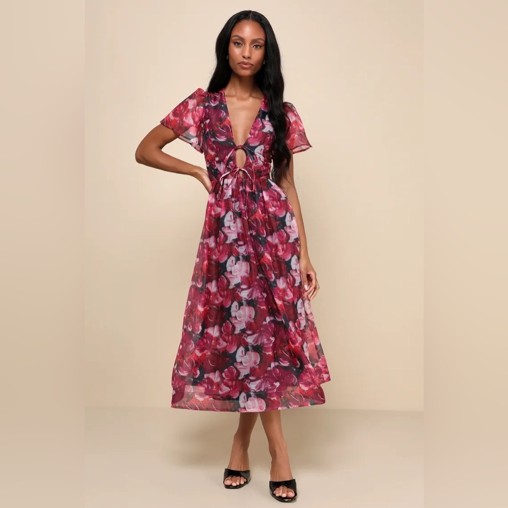 Lulu’s Favorite RSVP Magenta Floral Organza Tie-Front Midi Dress